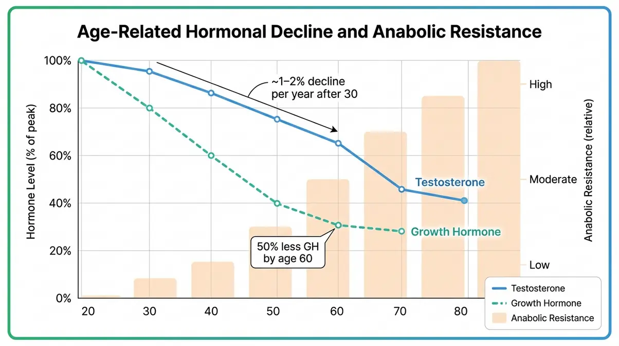 Chart showing testosterone and growth hormone decline with age and its relationship to muscle loss and anabolic resistance