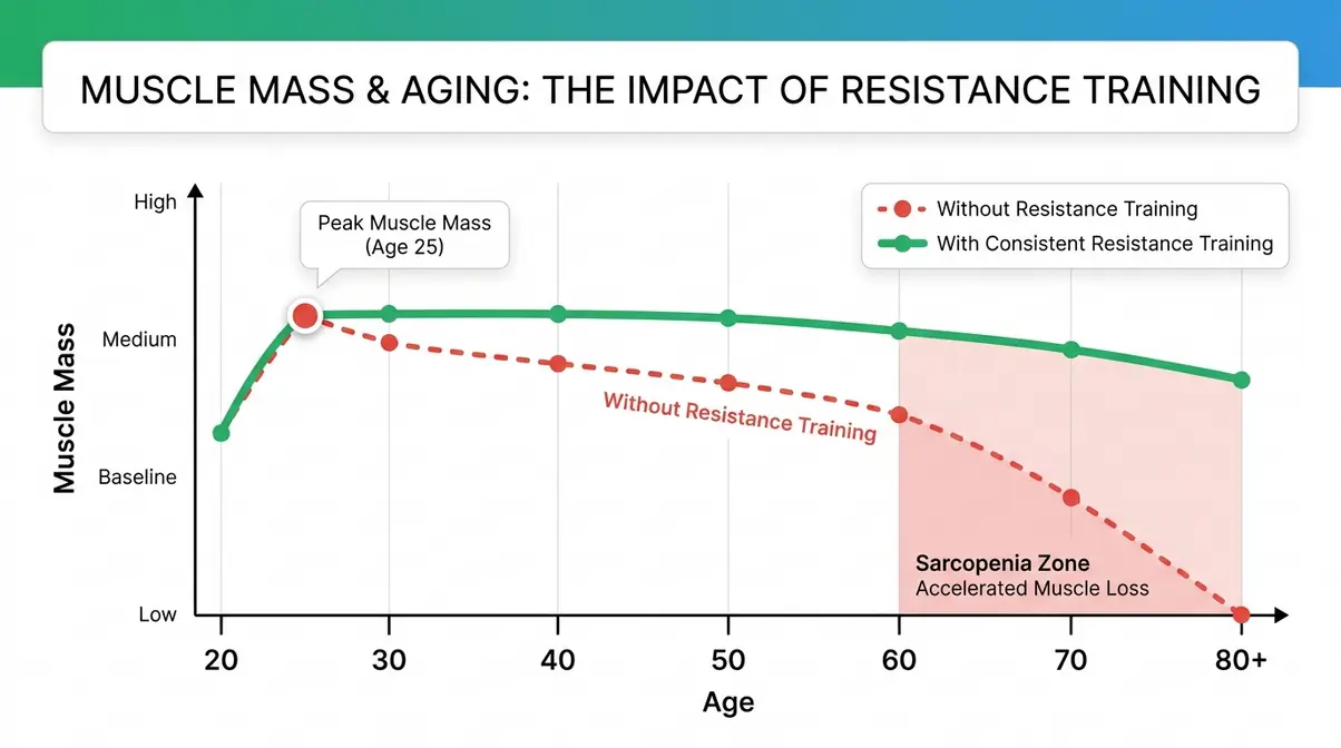 Muscle aging timeline chart showing when muscles stop growing and how resistance training preserves muscle mass across decades