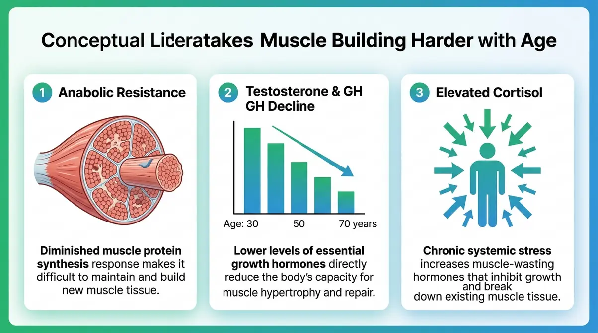 Three biological reasons muscle building gets harder with age — anabolic resistance, hormone decline, and elevated cortisol