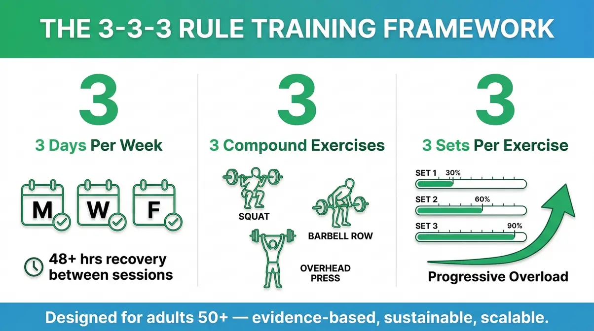 3-3-3 rule gym training framework diagram for aging adults showing weekly schedule and compound exercise structure