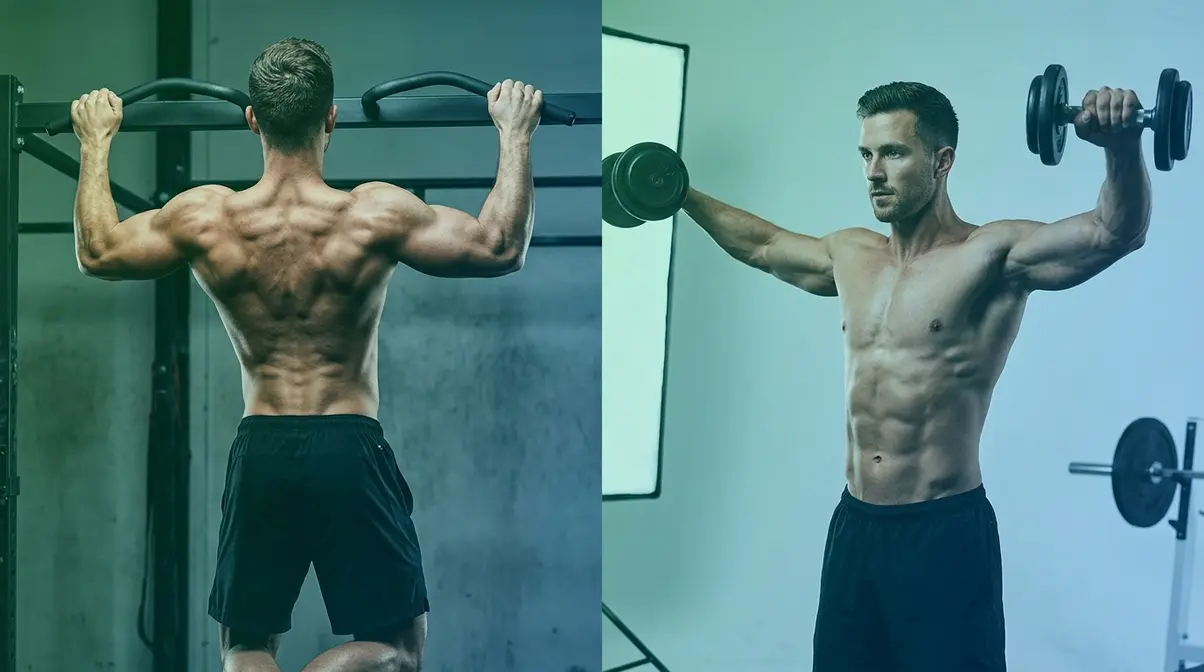 Back and shoulder workout combo training showing pull-up lat engagement and lateral raise deltoid activation