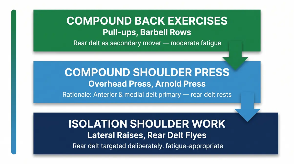 Back and shoulder workout routine exercise sequencing flowchart showing compound back then press then isolation order