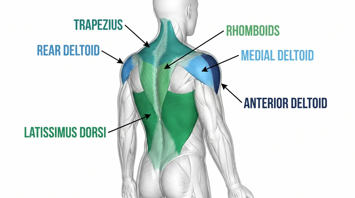 Back and shoulder workout routine muscle anatomy diagram showing latissimus dorsi, trapezius, rear deltoid and rhomboids