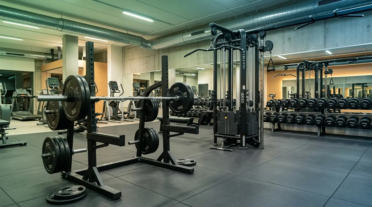 Gym equipment setup for back and shoulder workout routine including barbell cable machine and dumbbells