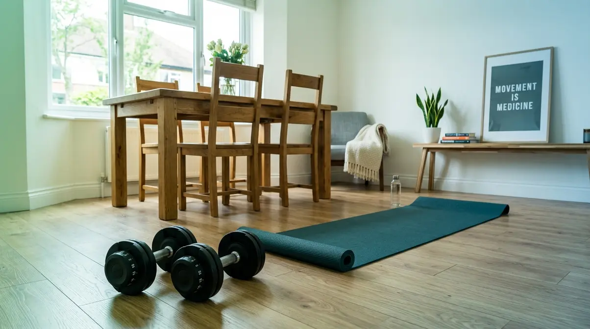 Home back and shoulder workout setup with adjustable dumbbells and sturdy table for bodyweight exercises
