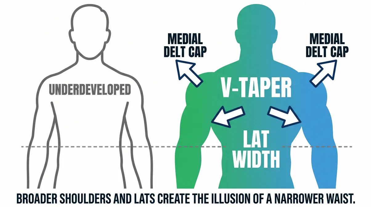 V-taper physique concept diagram showing back and shoulder development creating illusion of narrower waist
