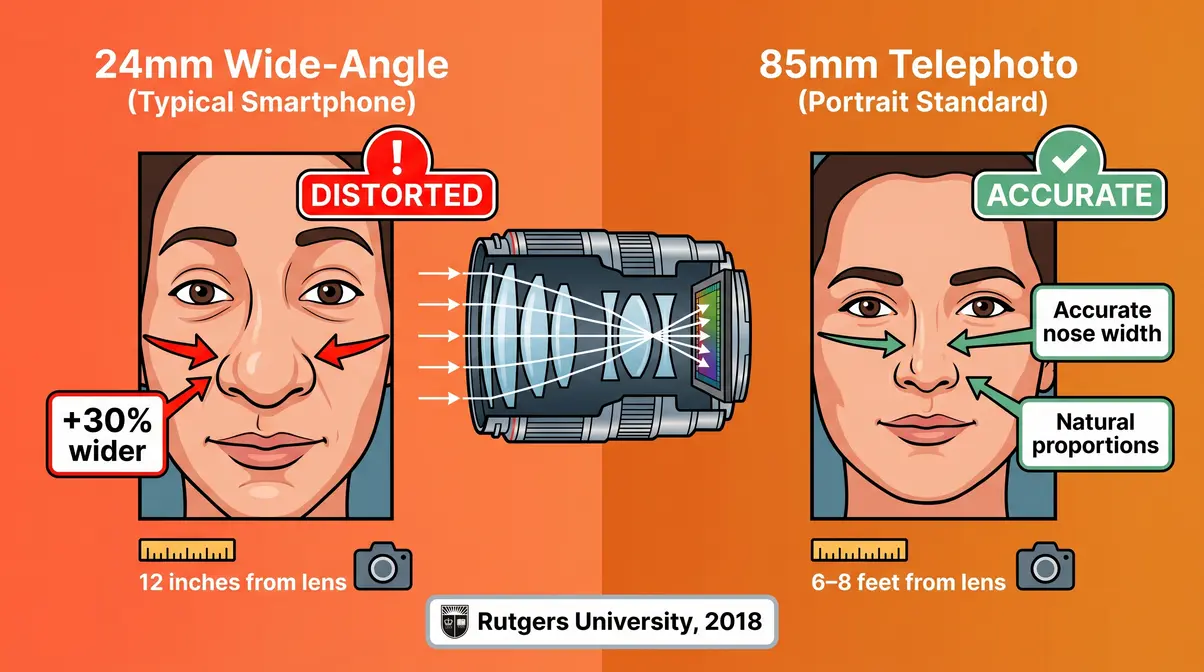 Side-by-side infographic comparing face distortion at 24mm wide-angle versus 85mm telephoto focal length