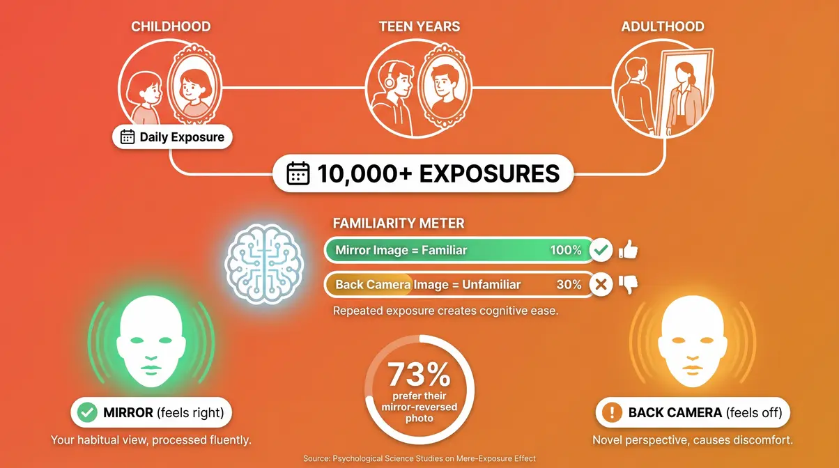Infographic showing how daily mirror exposure creates familiarity bias against back camera photos