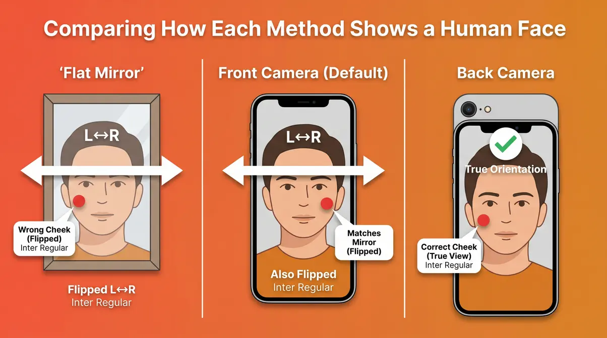 Diagram comparing how mirror front camera and back camera each show facial orientation differently