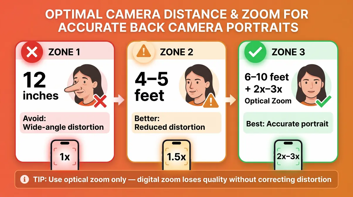 Diagram showing recommended camera distances and zoom settings for accurate back camera portrait photography