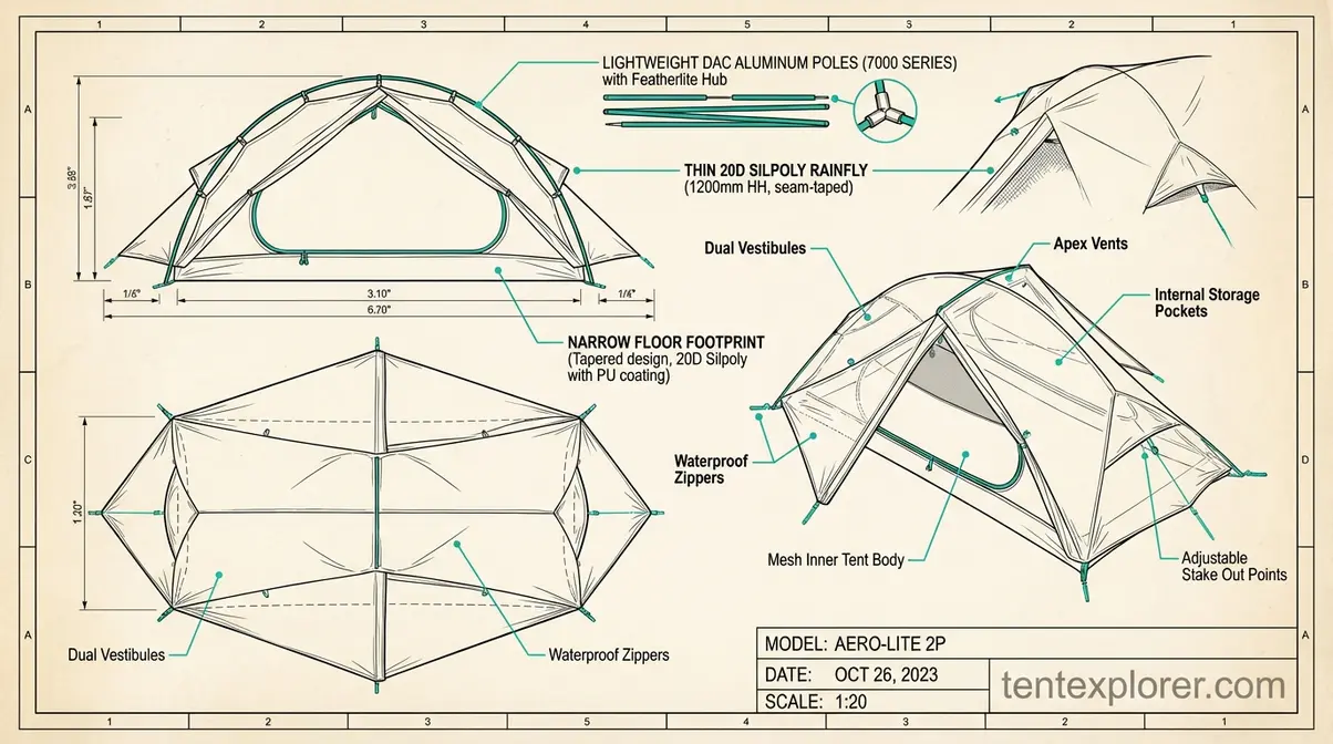 Labeled diagram of a backpacking tent showing lightweight aluminum poles, 20D Silpoly rainfly, small packed footprint, and narrow floor dimensions