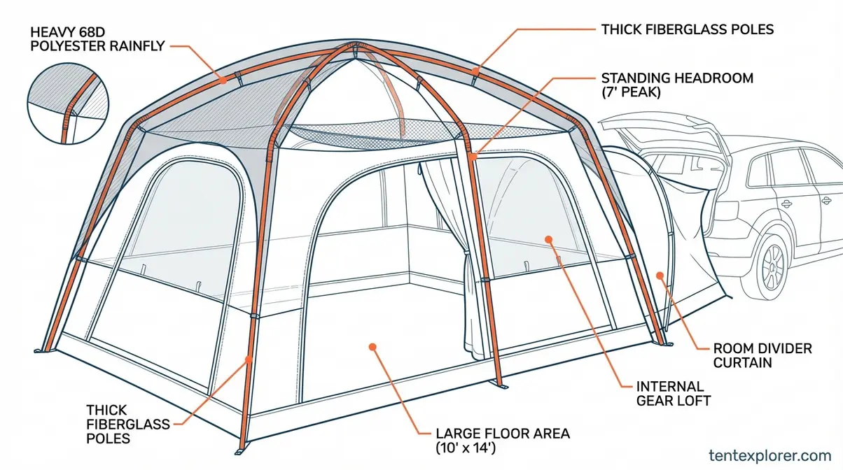 Labeled diagram of a car camping tent showing fiberglass poles, 68D polyester rainfly, large floor area, standing headroom, gear loft, and room divider