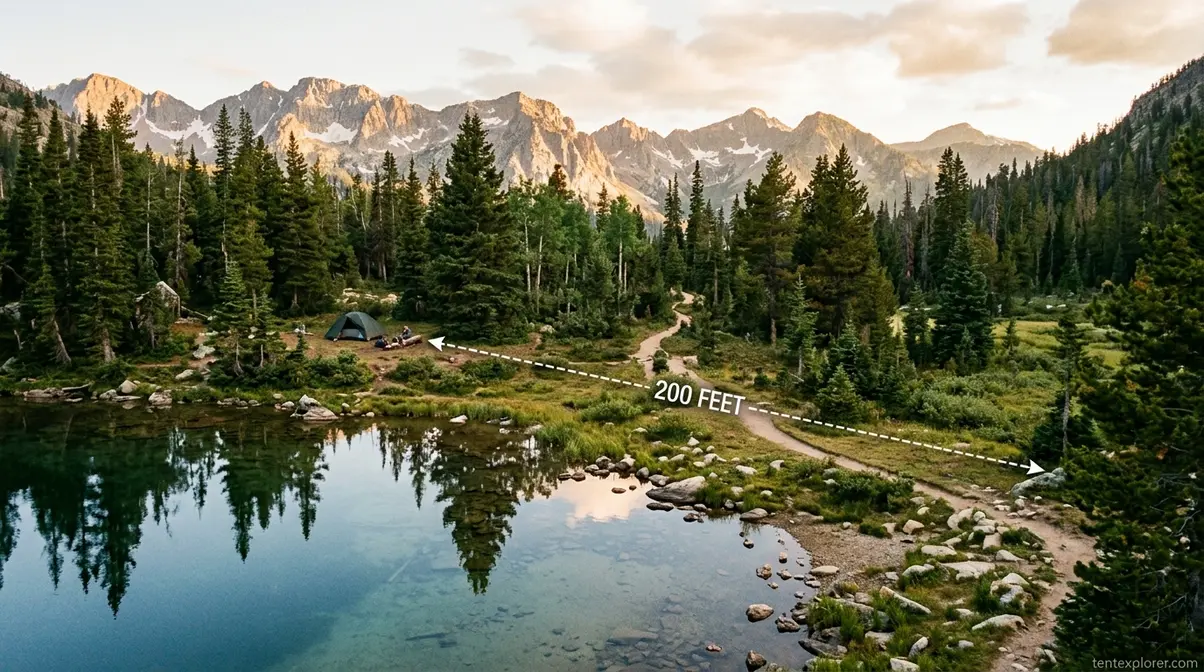 Tent pitched 200 feet from an alpine lake demonstrating Leave No Trace rules