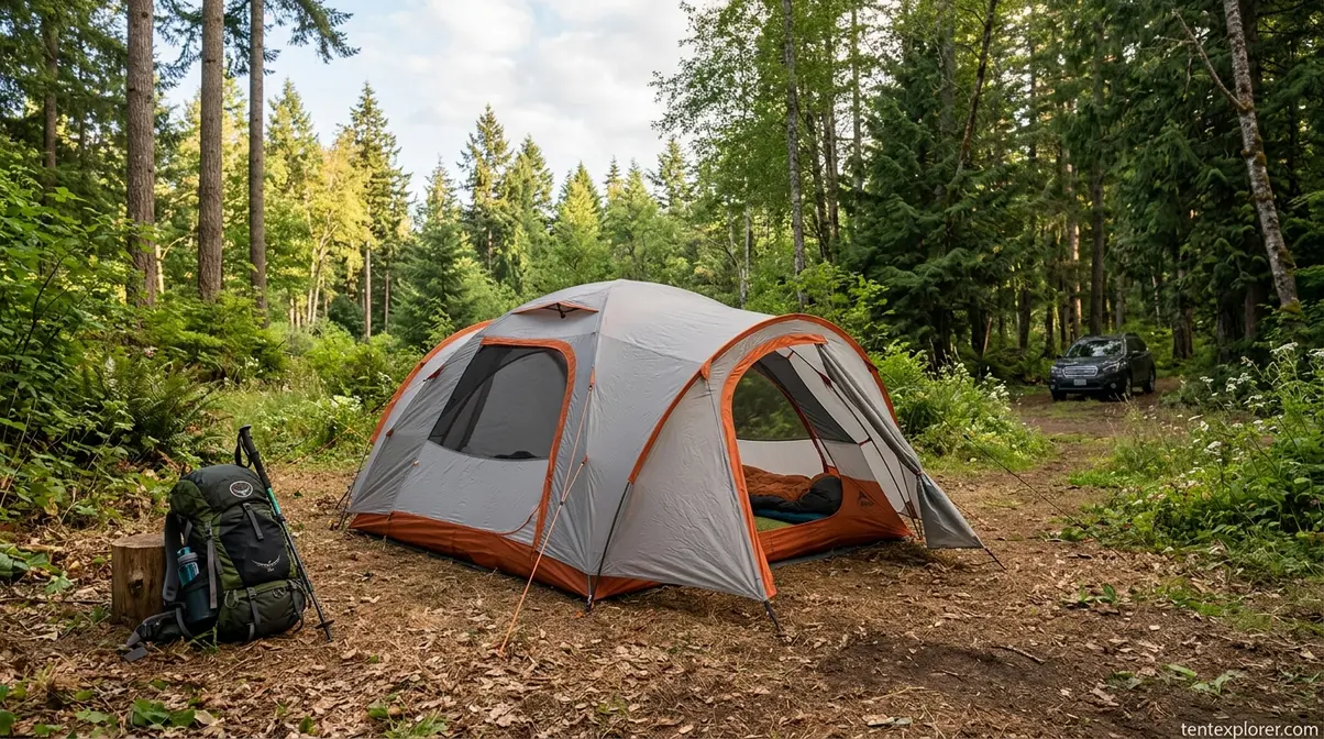 Crossover tent pitched in a forest clearing suitable for both backpacking and car camping