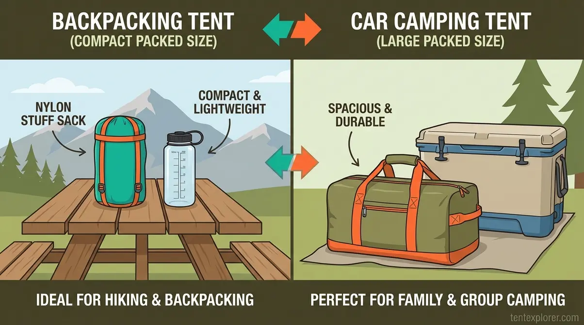 Backpacking tent packed next to a Nalgene water bottle versus a camping tent packed next to a large cooler, showing the size difference between tent types for a backpacking tent vs camping tent comparison