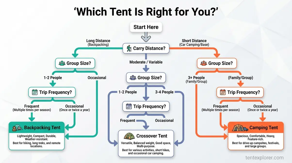 Decision flowchart for choosing between a backpacking tent, crossover tent, or camping tent based on carry distance, group size, and trip frequency