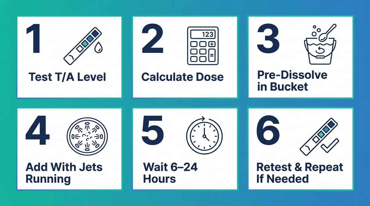 Baking Soda in Hot Tub Alkalinity: Dosage & Safe Use 5 Step-by-step visual guide showing the six-step process of adding baking soda to a hot tub to raise alkalinity safely
