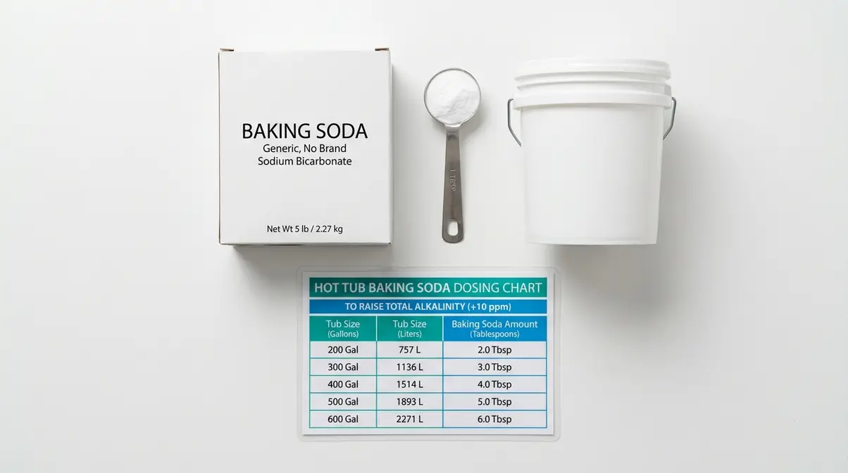 Baking Soda in Hot Tub Alkalinity: Dosage & Safe Use 4 Baking soda measuring tablespoon and dosing chart for raising hot tub alkalinity by tub size