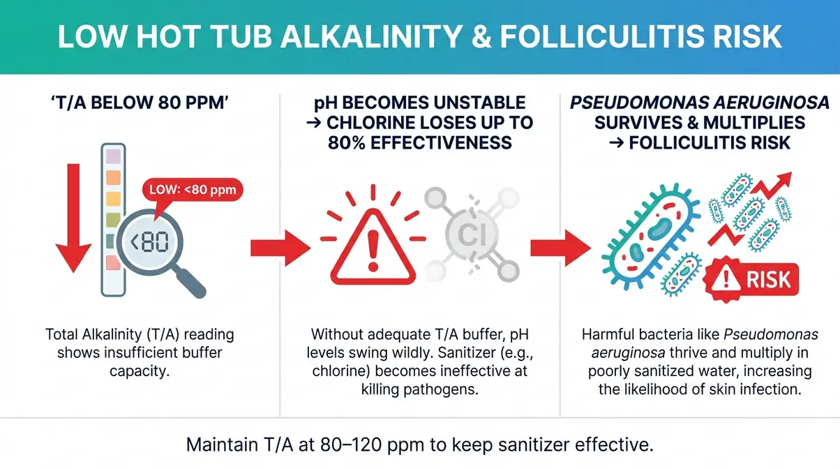 Baking Soda in Hot Tub Alkalinity: Dosage & Safe Use 7 Diagram showing how low hot tub alkalinity reduces sanitizer effectiveness and enables Pseudomonas aeruginosa bacterial growth causing folliculitis