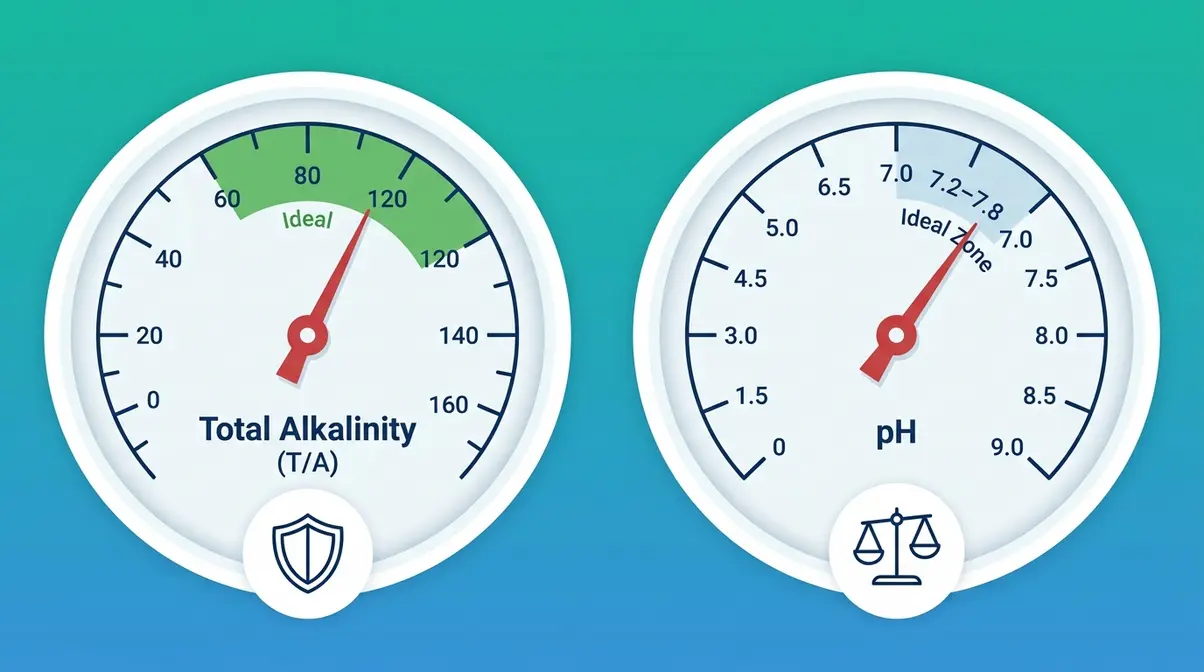 Baking Soda in Hot Tub Alkalinity: Dosage & Safe Use 1 Side-by-side hot tub alkalinity and pH gauges showing ideal ranges for balanced water chemistry