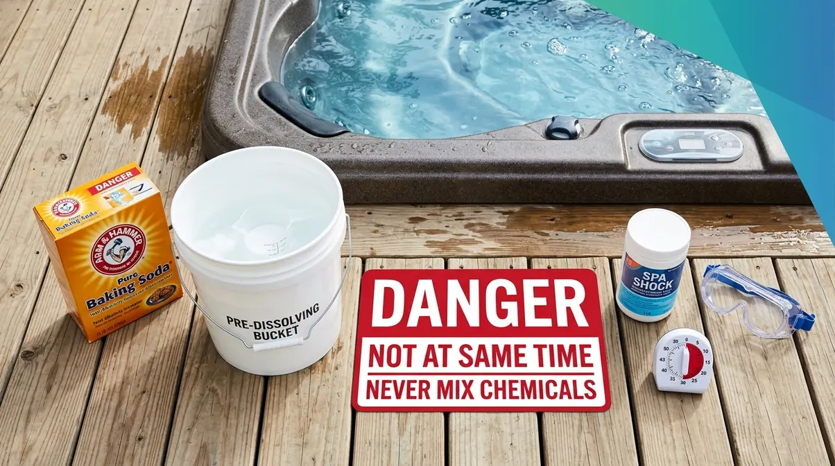 Baking Soda in Hot Tub Alkalinity: Dosage & Safe Use 3 Hot tub chemical safety setup showing baking soda, separate bucket, goggles, and timer for safe alkalinity treatment