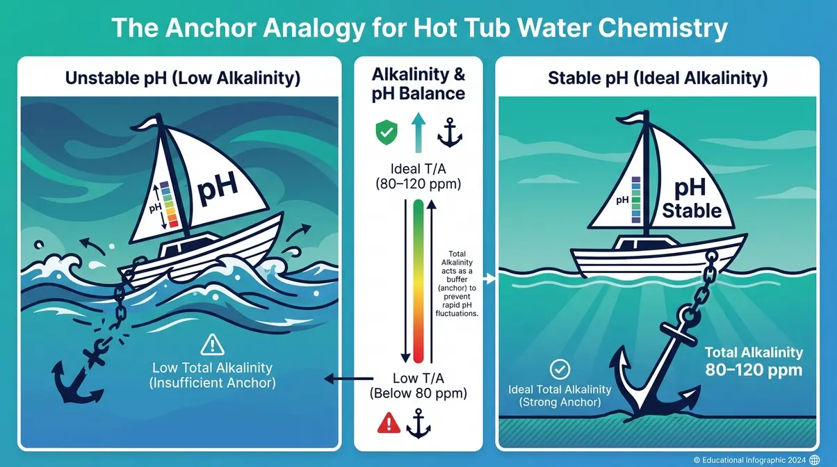 Baking Soda in Hot Tub Alkalinity: Dosage & Safe Use 2 Diagram showing alkalinity as an anchor stabilizing hot tub pH, illustrating the buffer concept for water chemistry