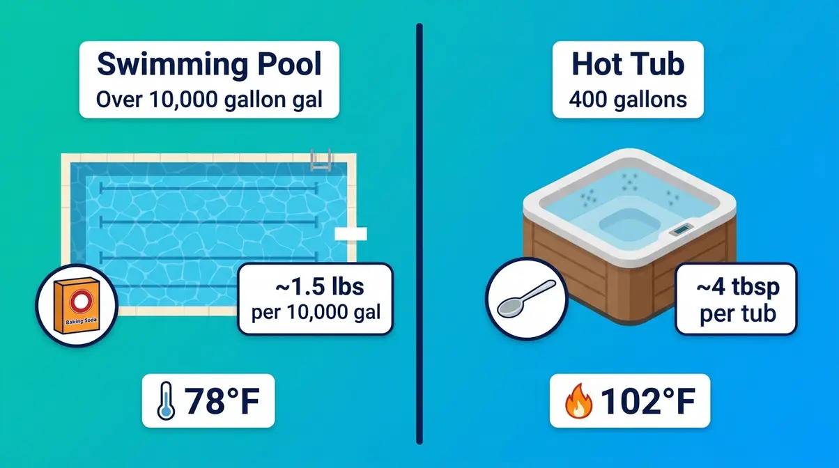 Baking Soda in Hot Tub Alkalinity: Dosage & Safe Use 6 Side-by-side comparison of pool versus hot tub baking soda dosing showing volume and temperature differences