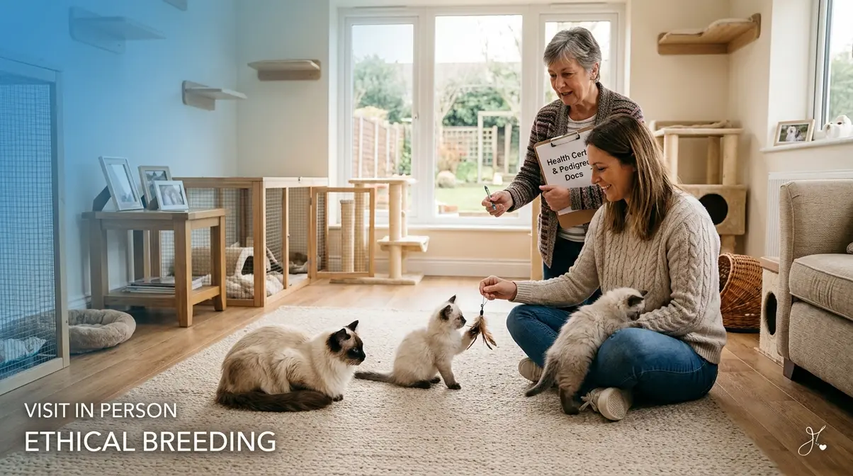 Prospective owner visiting a reputable Balinese cat breeder with kittens and health documentation