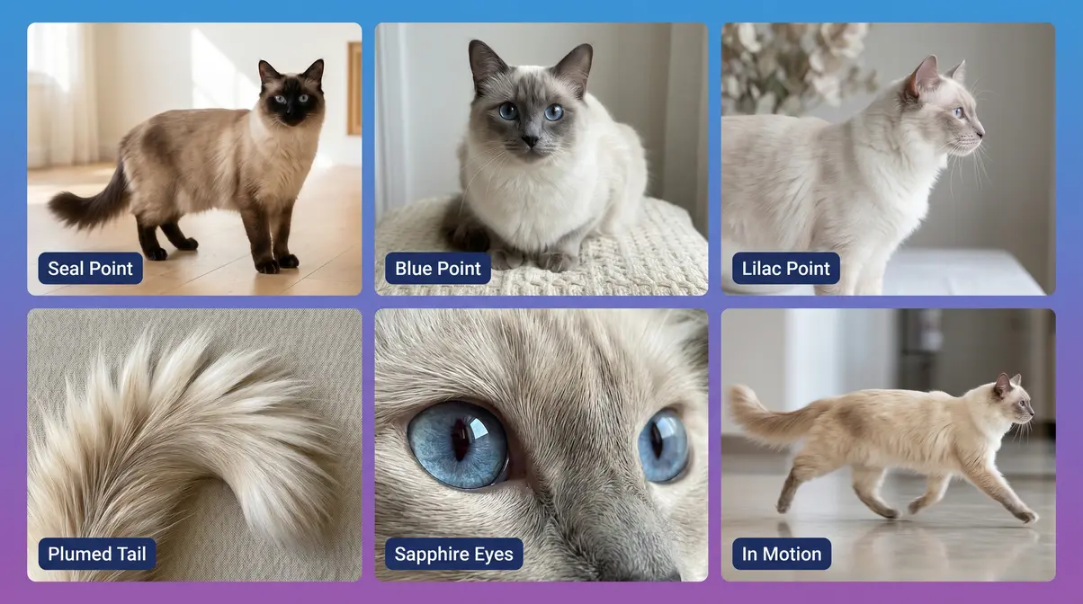 Balinese cat breed photo gallery showing seal point, blue point, lilac point colors and sapphire blue eyes