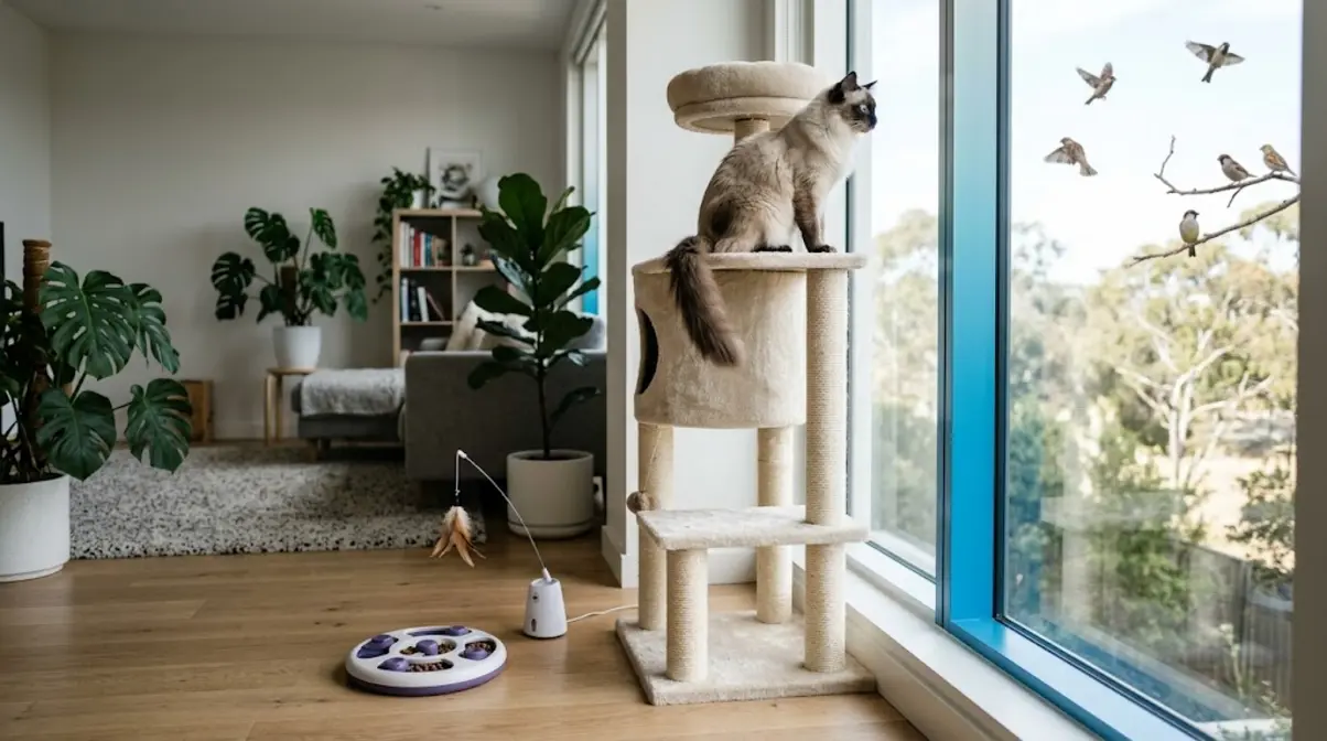 Balinese cat on enrichment cat tree by window with puzzle toys to reduce separation anxiety
