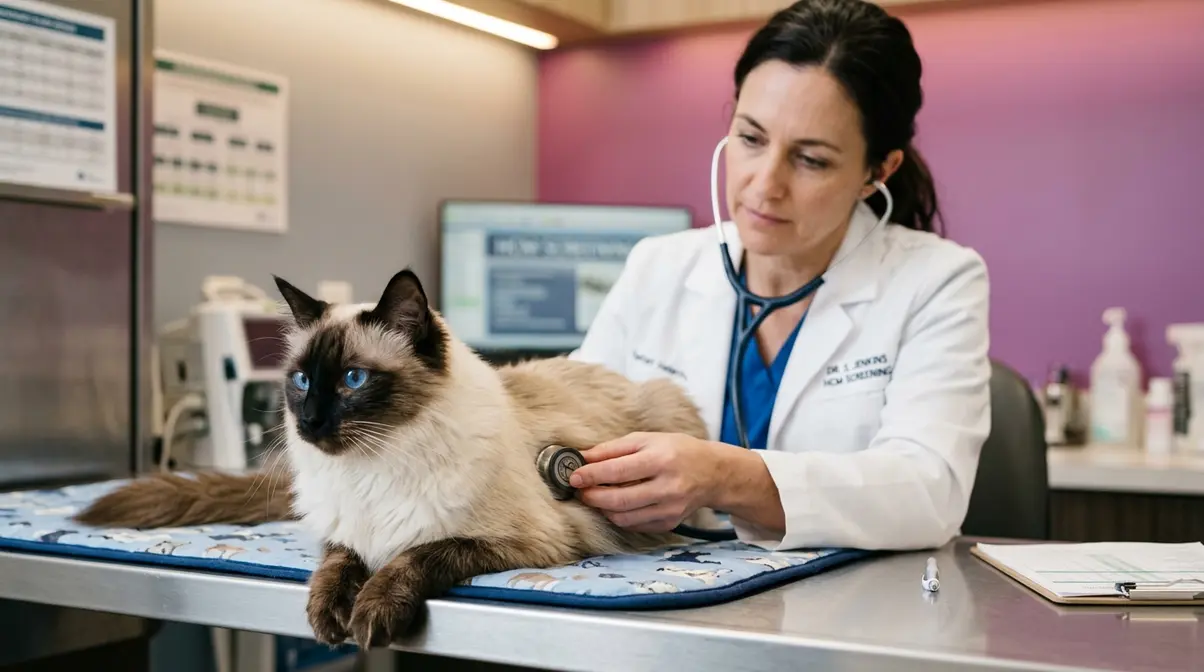 Balinese cat at veterinary checkup for HCM cardiac screening and breed health assessment