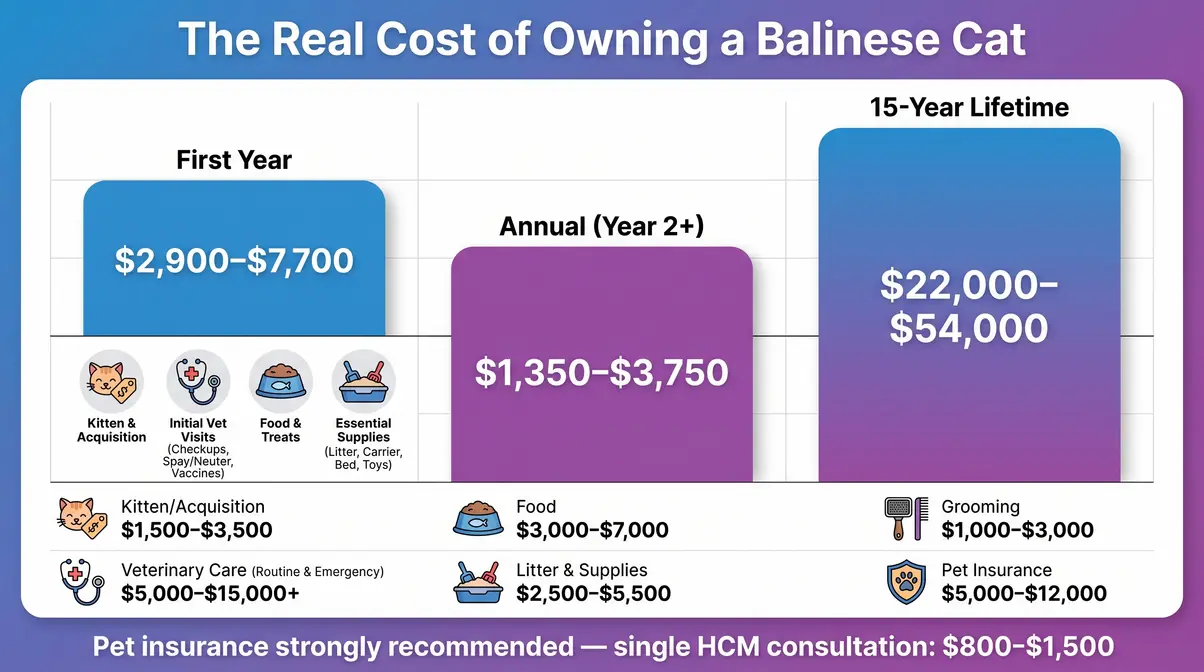 Balinese cat breed lifetime cost breakdown infographic showing first year and ongoing ownership expenses