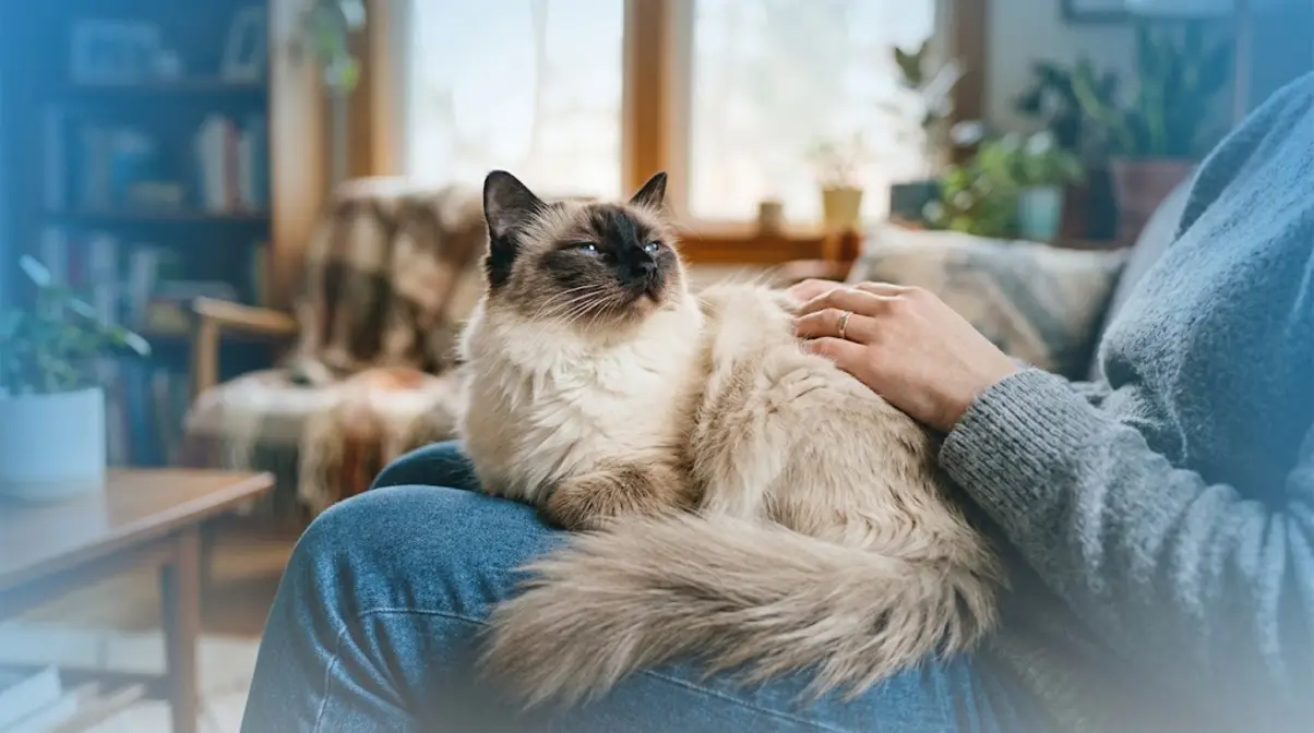 Balinese cat cuddling on owner's lap showing the breed's affectionate and social personality