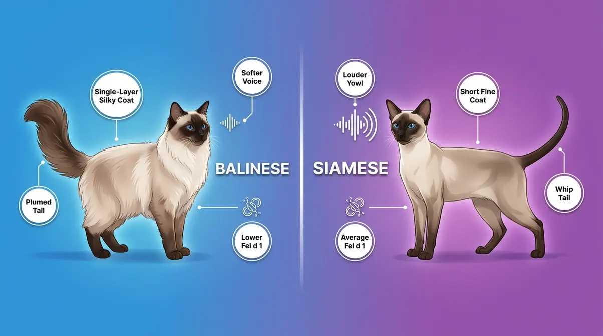 Balinese cat vs Siamese cat comparison chart showing coat length, tail, and allergen trait differences