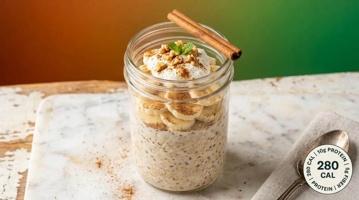 Mason jar of banana cinnamon overnight oats with sliced banana and Greek yogurt topping