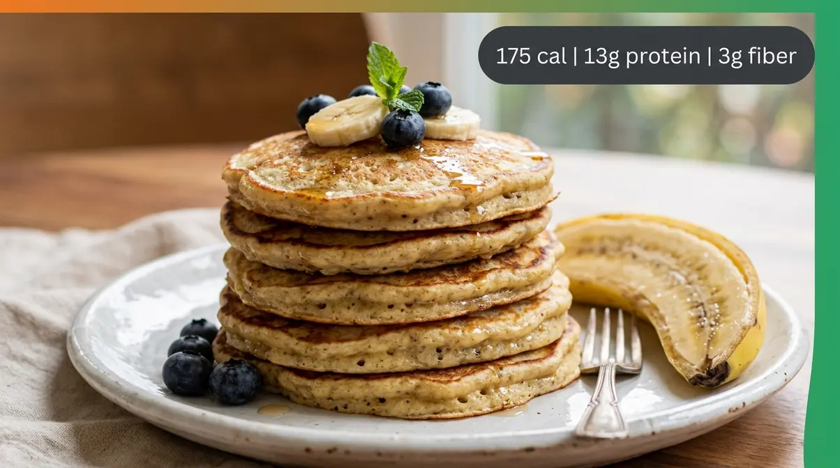 Stack of golden 2-ingredient banana egg pancakes on white plate with macro nutrition badge