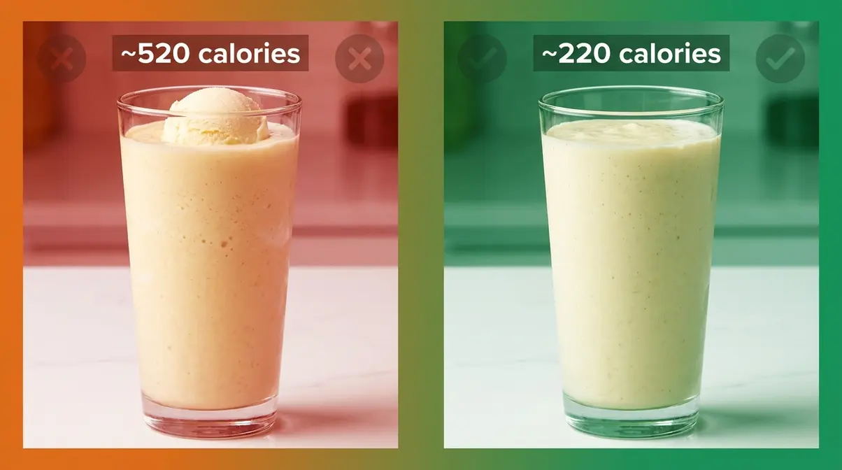Side-by-side banana smoothie comparison showing 520-calorie versus 220-calorie ingredient swaps