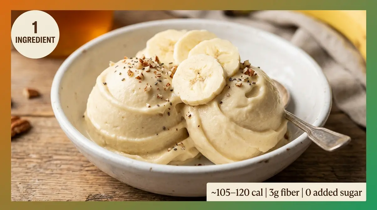 Creamy banana nice cream in white bowl showing one-ingredient frozen dessert at 105 calories