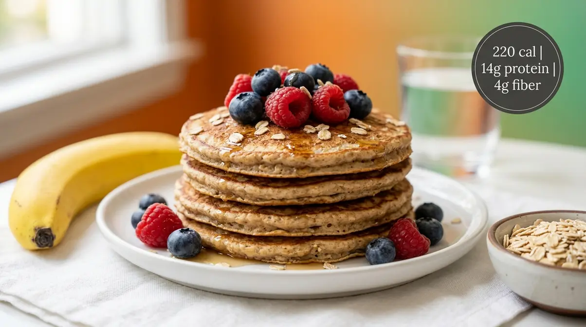 Banana oat protein pancakes topped with fresh berries showing 220 calories and 14 grams protein