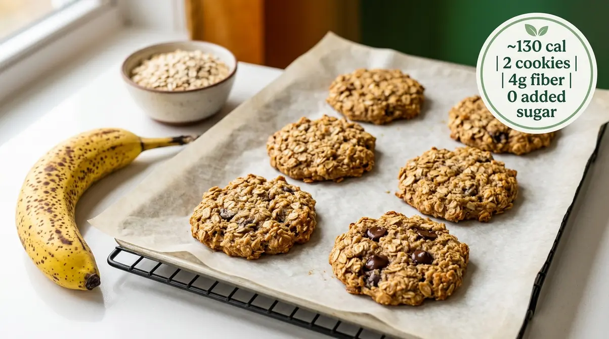 Banana oatmeal energy cookies on baking tray with no added sugar and 65 calories per cookie