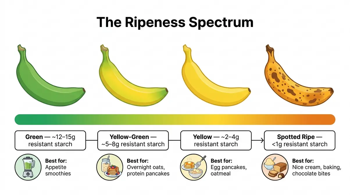 Infographic showing banana ripeness spectrum with resistant starch levels and best weight loss recipe uses