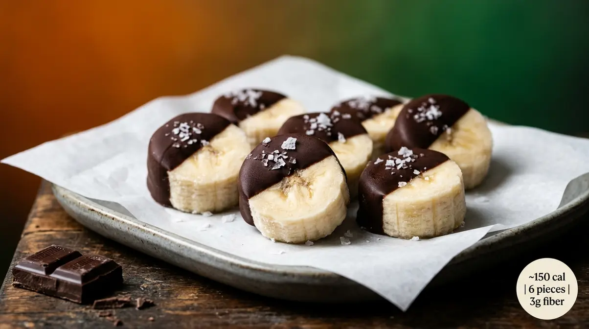 Frozen banana dark chocolate bites on parchment tray showing portion-controlled 150-calorie snack
