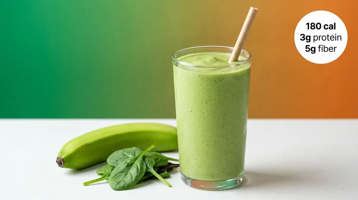 Green banana spinach resistant starch smoothie in tall glass with 180 calories per serving