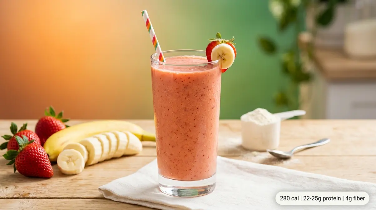 Strawberry banana protein smoothie in tall glass with 280 calories and 22 grams of protein