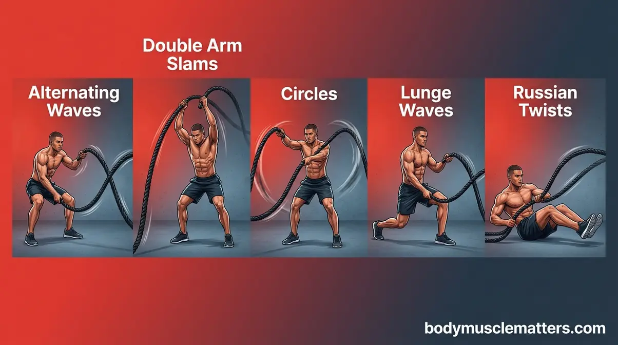 Five battle rope exercises illustrated showing proper form for alternating waves, slams, circles, lunges, and twists