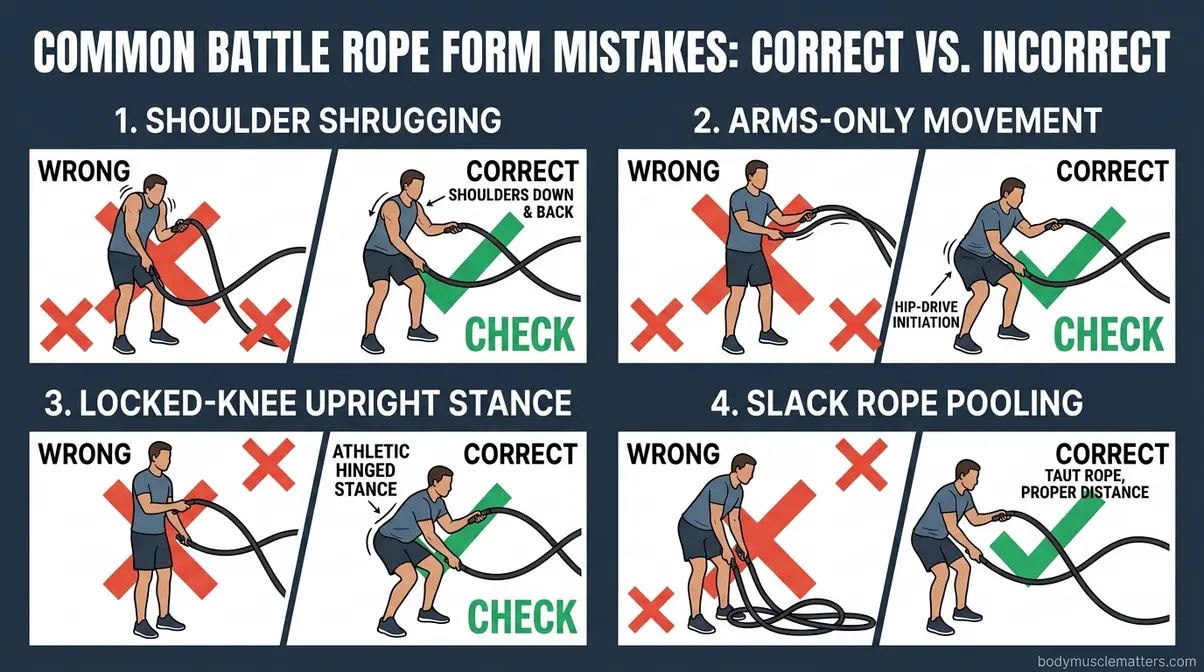 Battle rope form mistakes guide showing four common errors and correct technique corrections for safe training