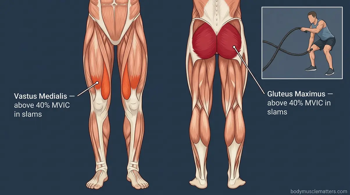 Lower body muscle activation diagram showing vastus medialis and gluteus maximus engagement during battle rope slams