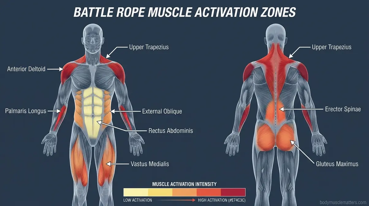 Battle rope workout muscles worked heat map showing 8 activated muscle groups with EMG intensity color coding
