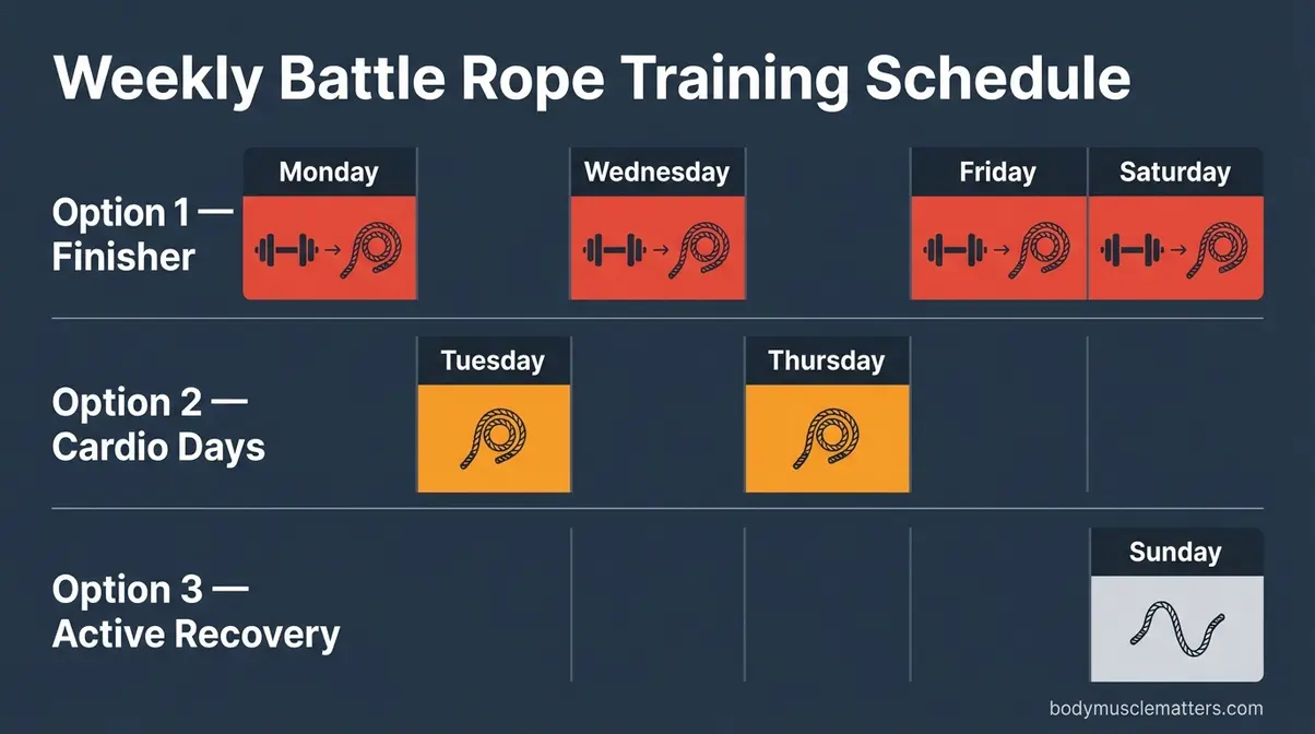 Battle rope weekly training schedule showing three programming options for combining ropes with free weights