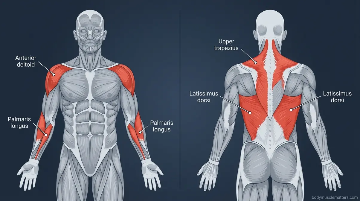 Anatomical diagram of upper body muscles worked during battle rope training including deltoids, traps, and forearms